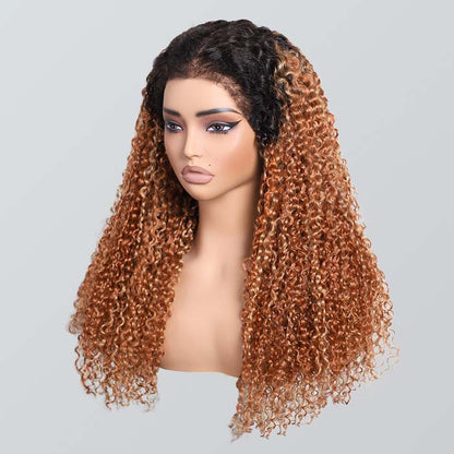 Luxury 350% Density Relastic 4C Hairline Kinky Edges Spiral Curly Glueless Ombre Highlight Lace Front Wig