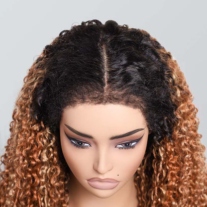 Luxury 350% Density Relastic 4C Hairline Kinky Edges Spiral Curly Glueless Ombre Highlight Lace Front Wig