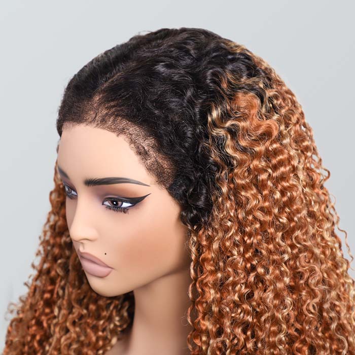 Luxury 350% Density Relastic 4C Hairline Kinky Edges Spiral Curly Glueless Ombre Highlight Lace Front Wig