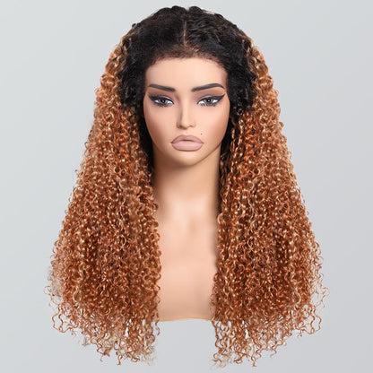 Luxury 350% Density Relastic 4C Hairline Kinky Edges Spiral Curly Glueless Ombre Highlight Lace Front Wig