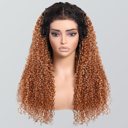 Luxury 350% Density Relastic 4C Hairline Kinky Edges Spiral Curly Glueless Ombre Highlight Lace Front Wig