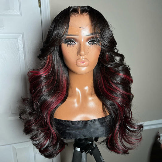 Mix Color Red Highlights Body Wave Curtain Bangs Wig 8x5/13x6/360 HD Lace Frontal Glueless Wig
