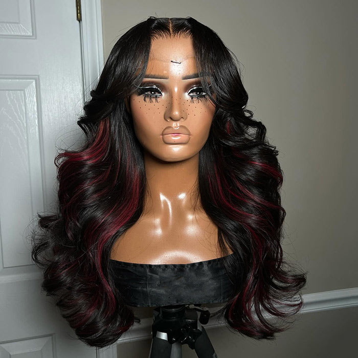 Mix Color Red Highlights Body Wave Curtain Bangs Wig 8x5/13x6/360 HD Lace Frontal Glueless Wig