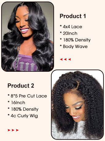 2 Wigs $169 for 20"4x4 Lace Closure Body Wig and 16"4x4 Lace Curly Edges Curly Wig Special Offer