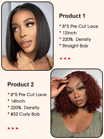2 Wigs $139 for 12"8x5 Pre Cut Lace Straight Bob Wig and 14"8x5 Colored Curly Bob Wig Special Offer