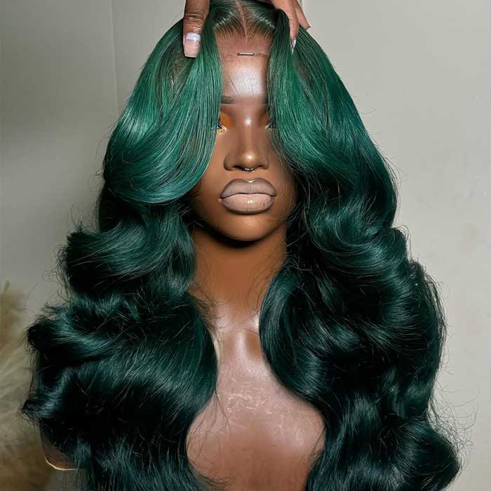 Olive Green Body Wave Curtain Bangs Wig Colored Human Hair HD Lace Front Wig