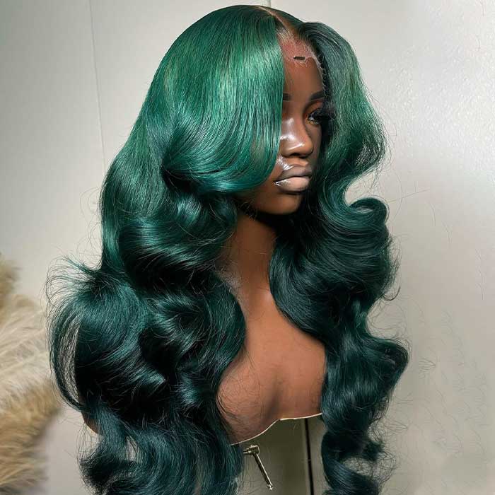 Olive Green Body Wave Curtain Bangs Wig Colored Human Hair HD Lace Front Wig