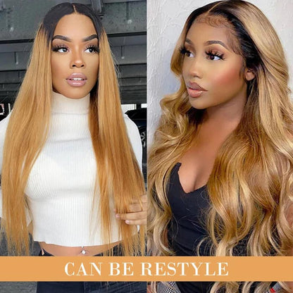 Ombre 1B27 Straight Human Hair 3 Bundles With 4x4 Lace Closure