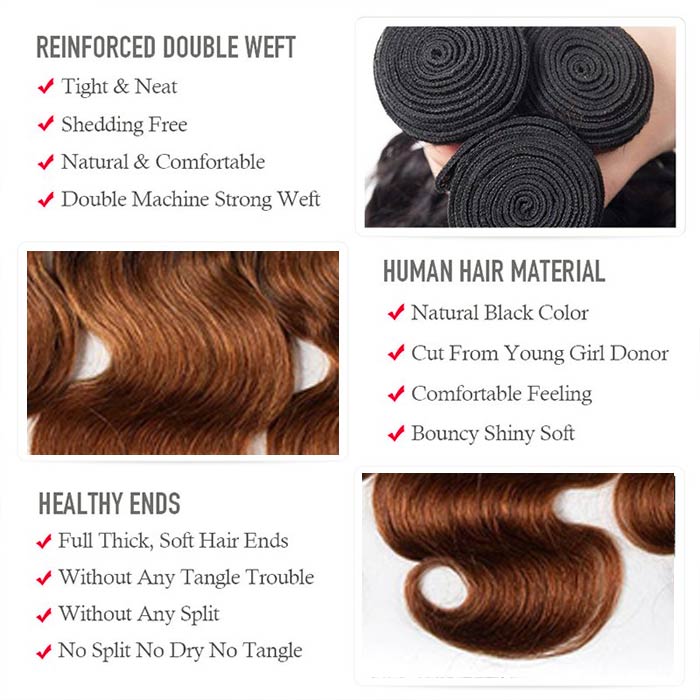 Ombre 1B30 Body Wave Human Hair 3 Bundles With 4x4 Lace Closure