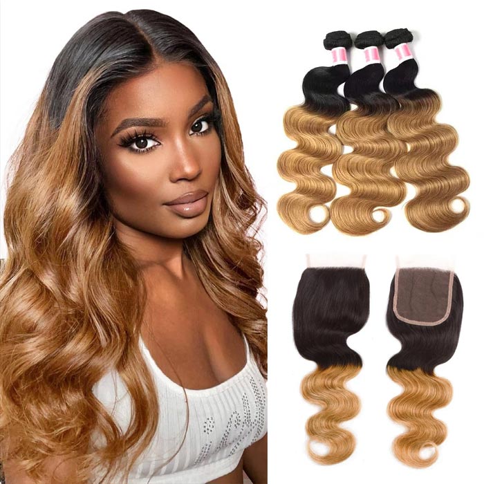 Ombre 1B27 Body Wave Human Hair 3 Bundles With 4x4 Lace Closure