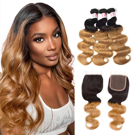 Ombre 1B27 Body Wave Human Hair 3 Bundles With 4x4 Lace Closure