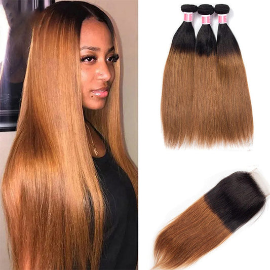 Ombre 1B30 Straight Human Hair 3 Bundles With 4x4 Lace Closure