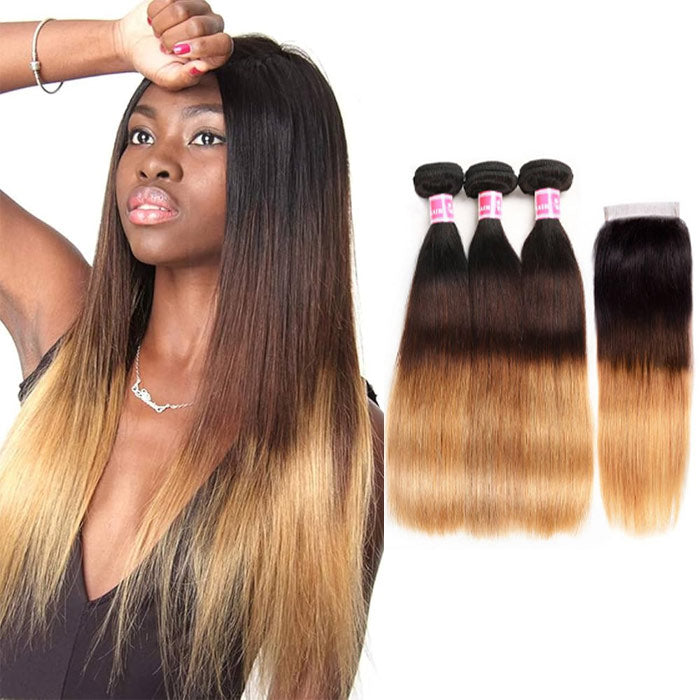 Ombre Hair 1B/4/27 Color Straight Human Hair 3 Bundles With 4x4 Lace Closure