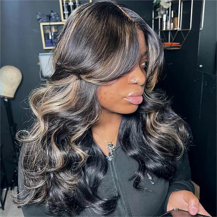 P1B/27 Balayage Blonde Highlights Glueless Body Wave Wig with Bangs 8x5 Pre Cut HD Lace Curtain Bangs Wig