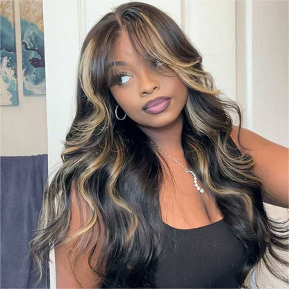 P1B/27 Balayage Blonde Highlights Glueless Body Wave Wig with Bangs 8x5 Pre Cut HD Lace Curtain Bangs Wig