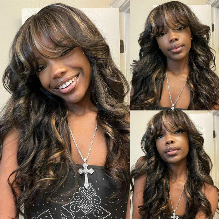 P1B/27 Balayage Blonde Highlights Glueless Body Wave Wig with Bangs 8x5 Pre Cut HD Lace Curtain Bangs Wig