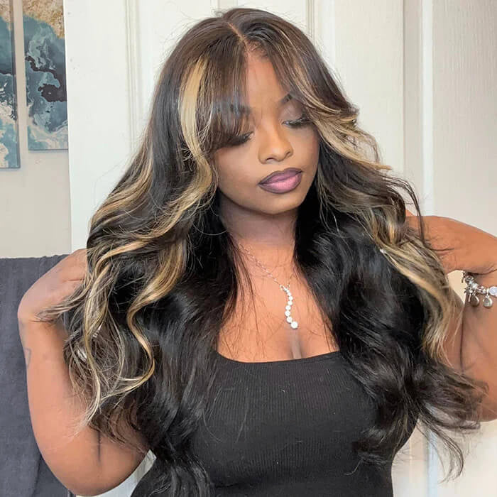 P1B/27 Balayage Blonde Highlights Glueless Body Wave Wig with Bangs 8x5 Pre Cut HD Lace Curtain Bangs Wig