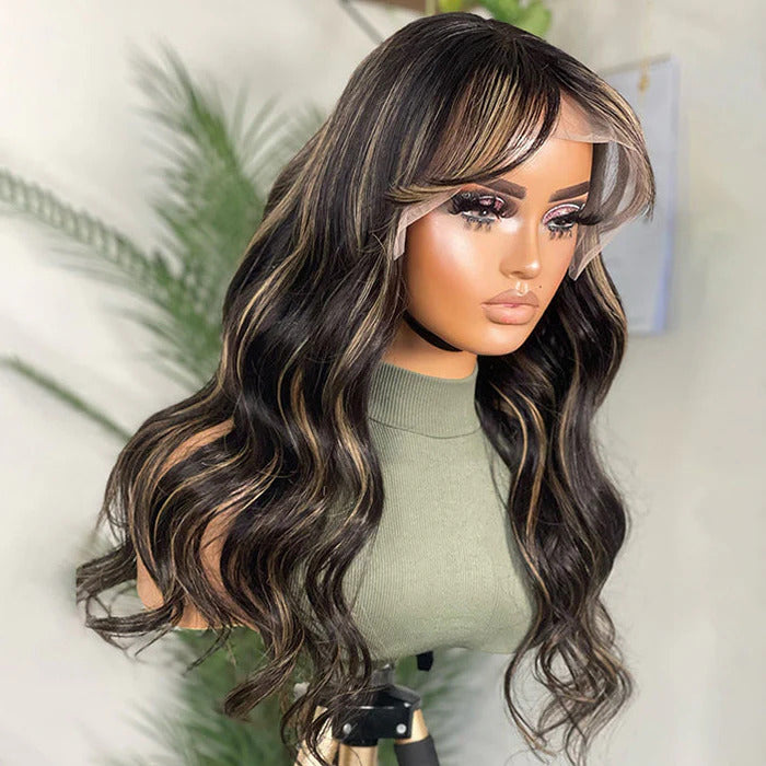 P1B/27 Balayage Blonde Highlights Glueless Body Wave Wig with Bangs 8x5 Pre Cut HD Lace Curtain Bangs Wig