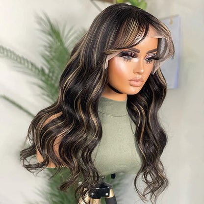 P1B/27 Balayage Blonde Highlights Glueless Body Wave Wig with Bangs 8x5 Pre Cut HD Lace Curtain Bangs Wig