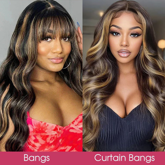 P1B/27 Balayage Blonde Highlights Glueless Body Wave Wig with Bangs 8x5 Pre Cut HD Lace Curtain Bangs Wig