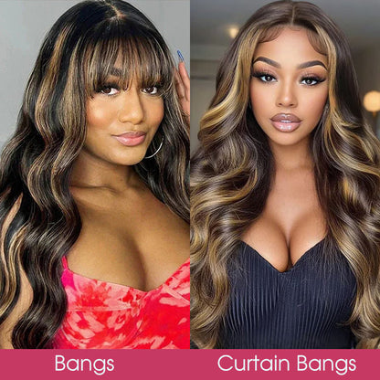 P1B/27 Balayage Blonde Highlights Glueless Body Wave Wig with Bangs 8x5 Pre Cut HD Lace Curtain Bangs Wig