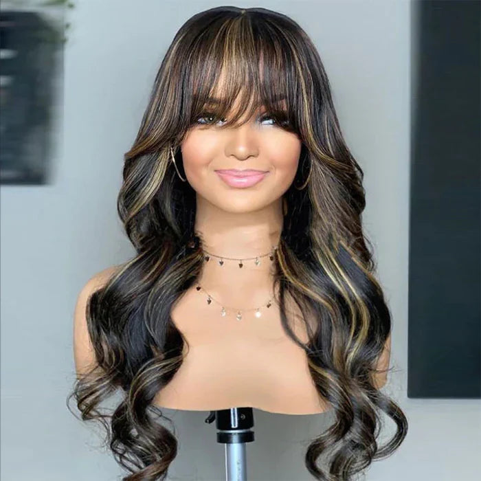 P1B/27 Balayage Blonde Highlights Glueless Body Wave Wig with Bangs 8x5 Pre Cut HD Lace Curtain Bangs Wig