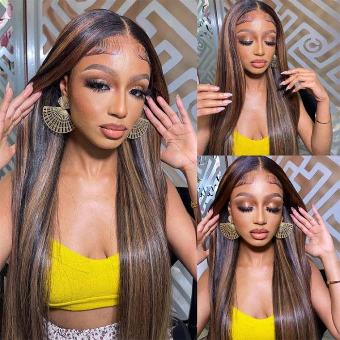 P1B/30 Highlight Brown Straight HD Lace Front Wig Glueless Balayage Colored Human Hair Wigs