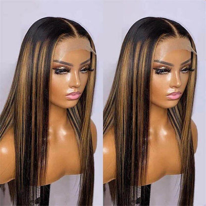 P1B/30 Highlight Brown Straight HD Lace Front Wig Glueless Balayage Colored Human Hair Wigs