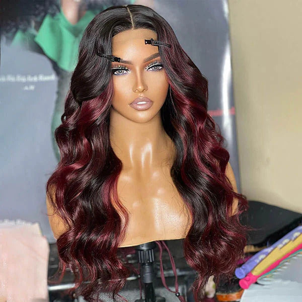 P1B/99J Balayage Body Wave Wig Piano Color Highlight Burgundy Red HD Lace Frontal Wig