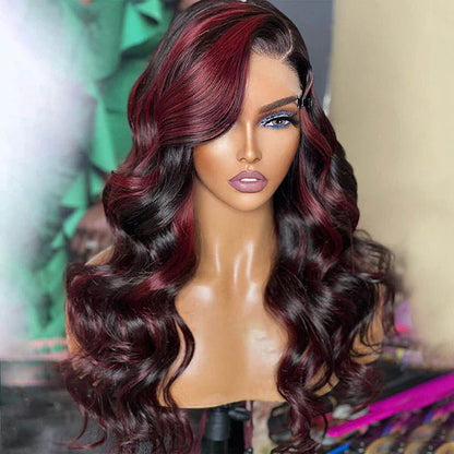 P1B/99J Balayage Body Wave Wig Piano Color Highlight Burgundy Red HD Lace Frontal Wig