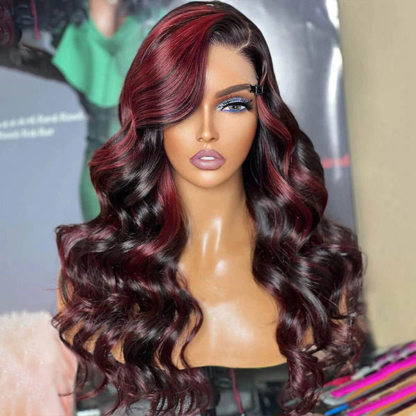 P1B/99J Balayage Body Wave Wig Piano Color Highlight Burgundy Red HD Lace Frontal Wig