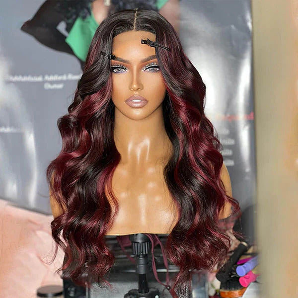 P1B/99J Balayage Body Wave Wig Piano Color Highlight Burgundy Red HD Lace Frontal Wig