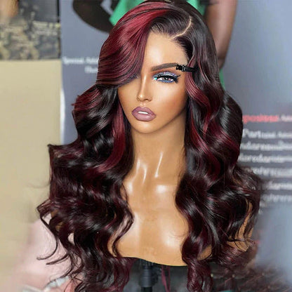 P1B/99J Balayage Body Wave Wig Piano Color Highlight Burgundy Red HD Lace Frontal Wig