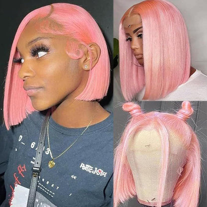 Pink Color Bob Wig Straight 13x4 HD Lace Front Wigs Pre Plucked Glueless Wig