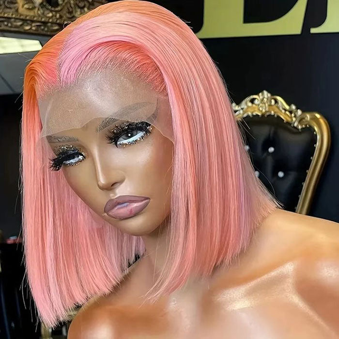 Pink Color Bob Wig Straight 13x4 HD Lace Front Wigs Pre Plucked Glueless Wig