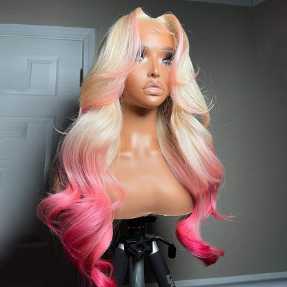 Pink Color on 613 Honey Blonde Curtain Bangs Skunk Stripe Ombre Body Wave HD Lace Wig 180% Density