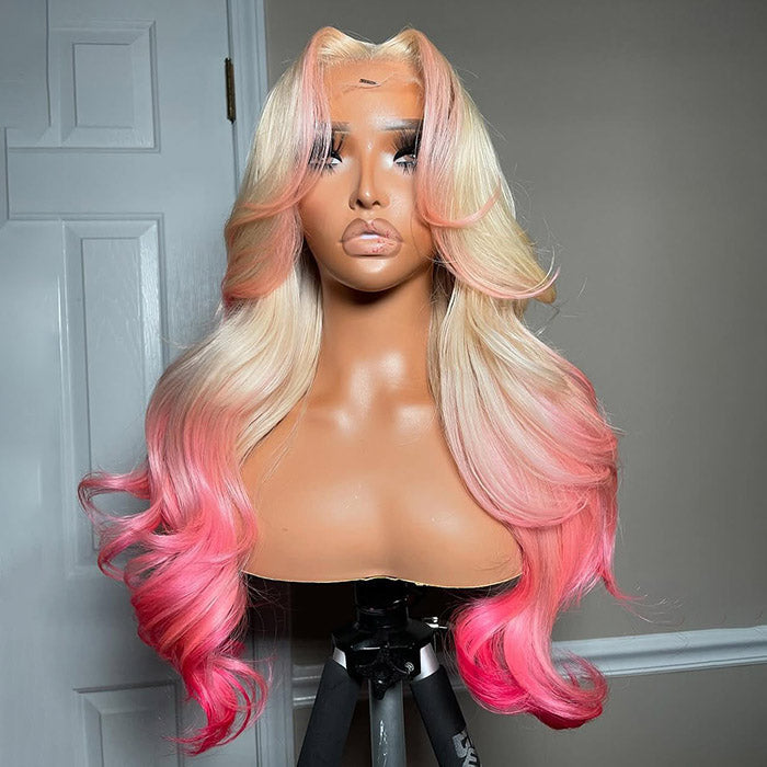 Pink Color on 613 Honey Blonde Curtain Bangs Skunk Stripe Ombre Body Wave HD Lace Wig 180% Density