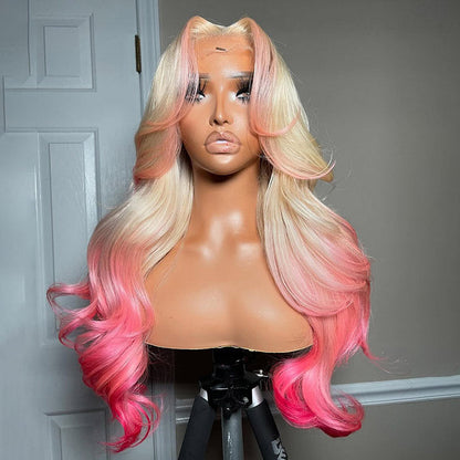 Pink Color on 613 Honey Blonde Curtain Bangs Skunk Stripe Ombre Body Wave HD Lace Wig 180% Density