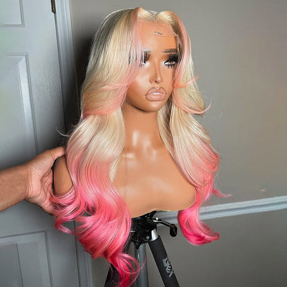 Pink Color on 613 Honey Blonde Curtain Bangs Skunk Stripe Ombre Body Wave HD Lace Wig 180% Density