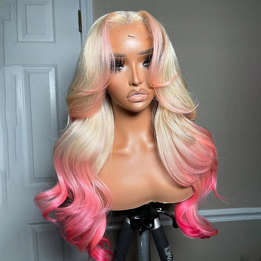 Pink Color on 613 Honey Blonde Curtain Bangs Skunk Stripe Ombre Body Wave HD Lace Wig 180% Density
