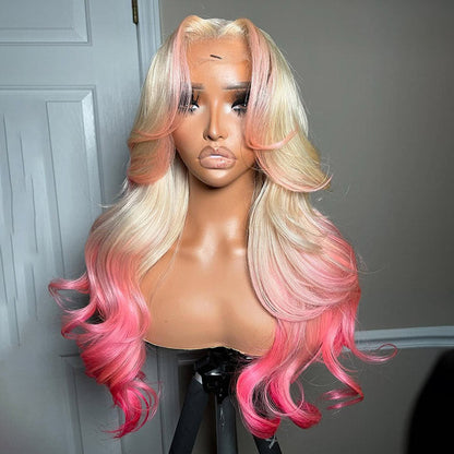 Pink Color on 613 Honey Blonde Curtain Bangs Skunk Stripe Ombre Body Wave HD Lace Wig 180% Density