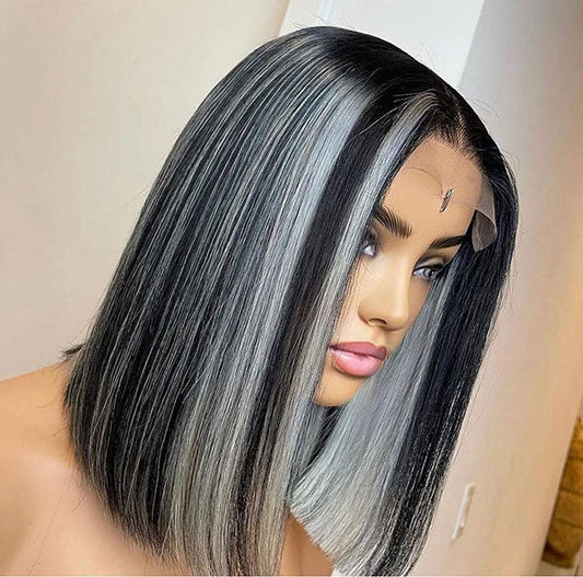 Platinum Blonde Highlight Straight Bob Wig 1B/613 Mixed Color HD Lace Short Human Hair Wigs