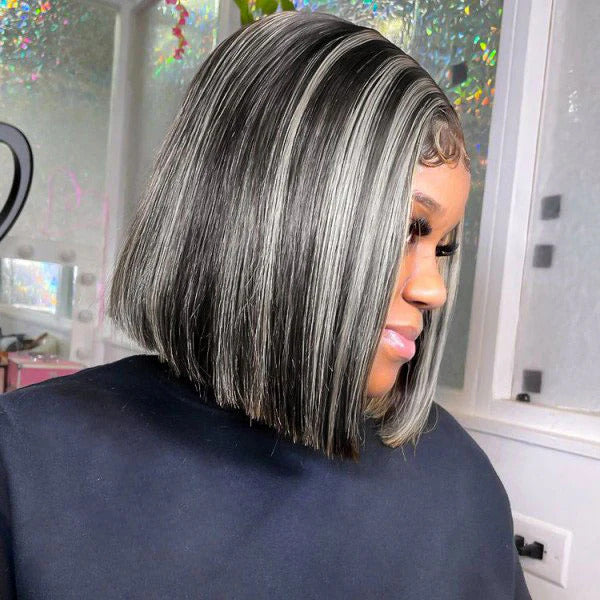 Platinum Blonde Highlight Straight Bob Wig 1B/613 Mixed Color HD Lace Short Human Hair Wigs