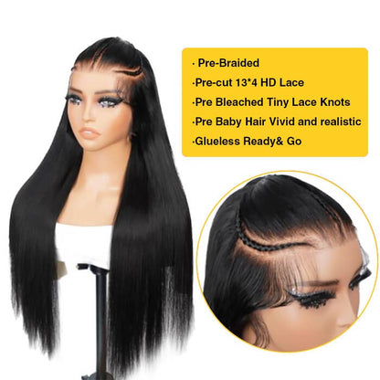 Pre Braided Glueless Wig 13x4 HD Lace Front Straight Human Hair Wigs Pre-All Wig