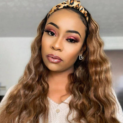 #4/27 Mix Color Highlights Headband Wigs 100% Virgin Human Hair No Gel No Glue Silk Scarf Wigs