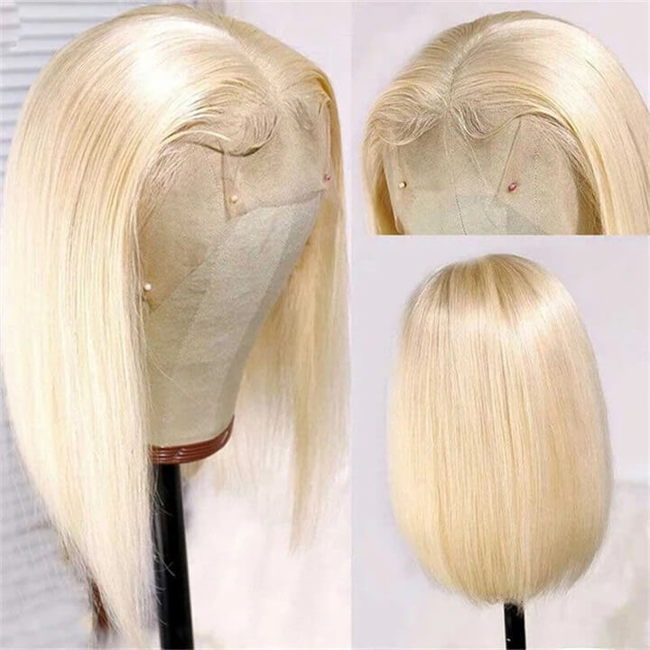 613 Blonde Straight Human Hair HD Transparent 13x4 Lace Front Short Bob Wigs