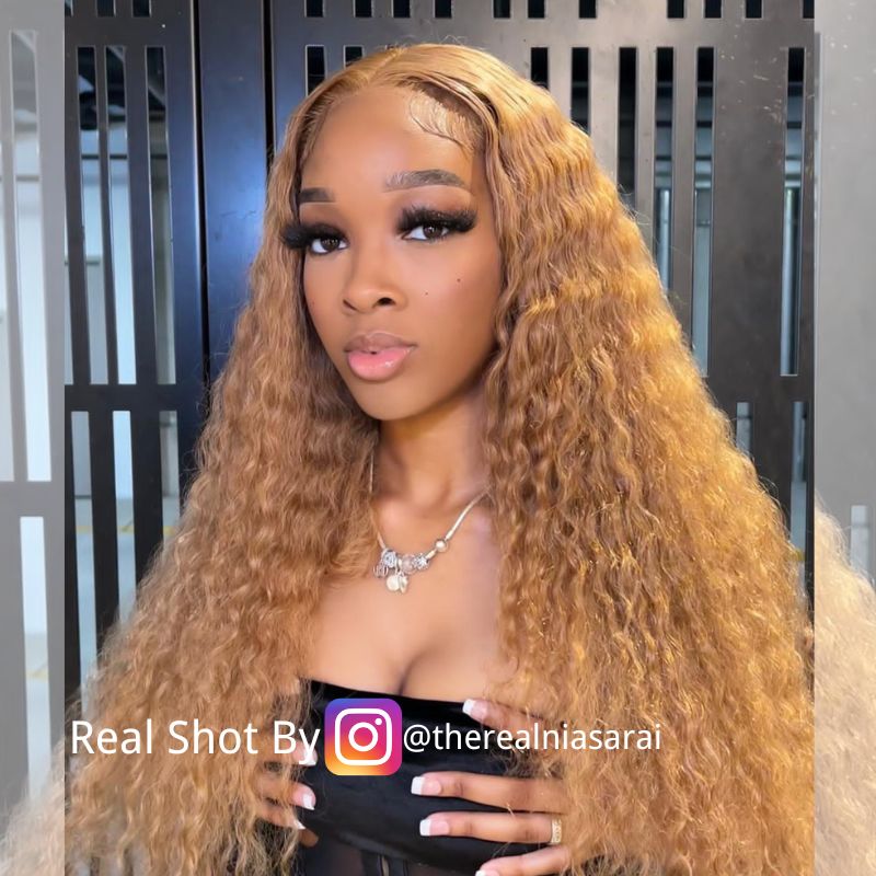 Deep Wave #27 Colored Human Hair Wigs Honey Blonde 13x4 13x6 HD Transparent Lace Frontal Wigs