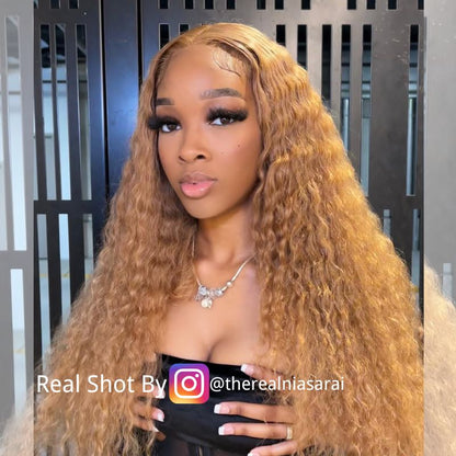 Deep Wave #27 Colored Human Hair Wigs Honey Blonde 13x4 13x6 HD Transparent Lace Frontal Wigs
