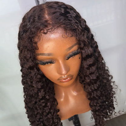 Reddish Brown 4C Hairline Kinky Edges Deep Wave Glueless Human Hair Wig with Bleached Knots