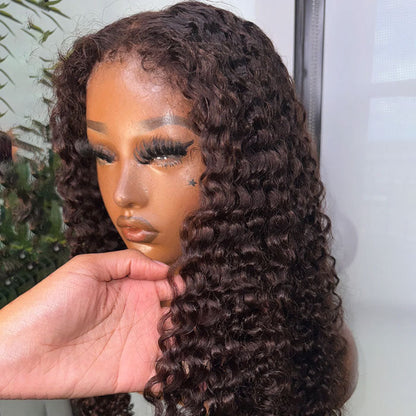 Reddish Brown 4C Hairline Kinky Edges Deep Wave Glueless Human Hair Wig with Bleached Knots